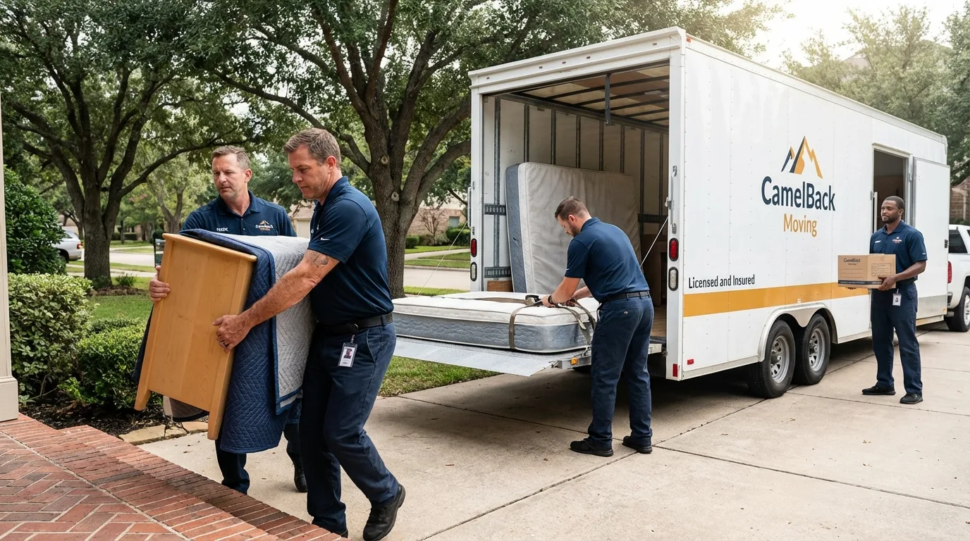 Crew loading residential truck for cross-state move from Port Lavaca, TX