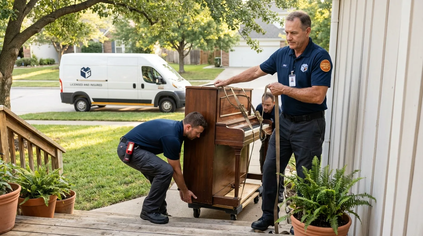 Licensed piano movers securing grand piano in Port Lavaca, TX