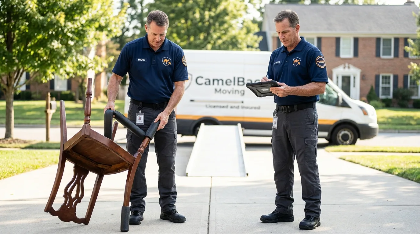 Movers inspecting furniture for damage prevention before loading in Port Lavaca, TX